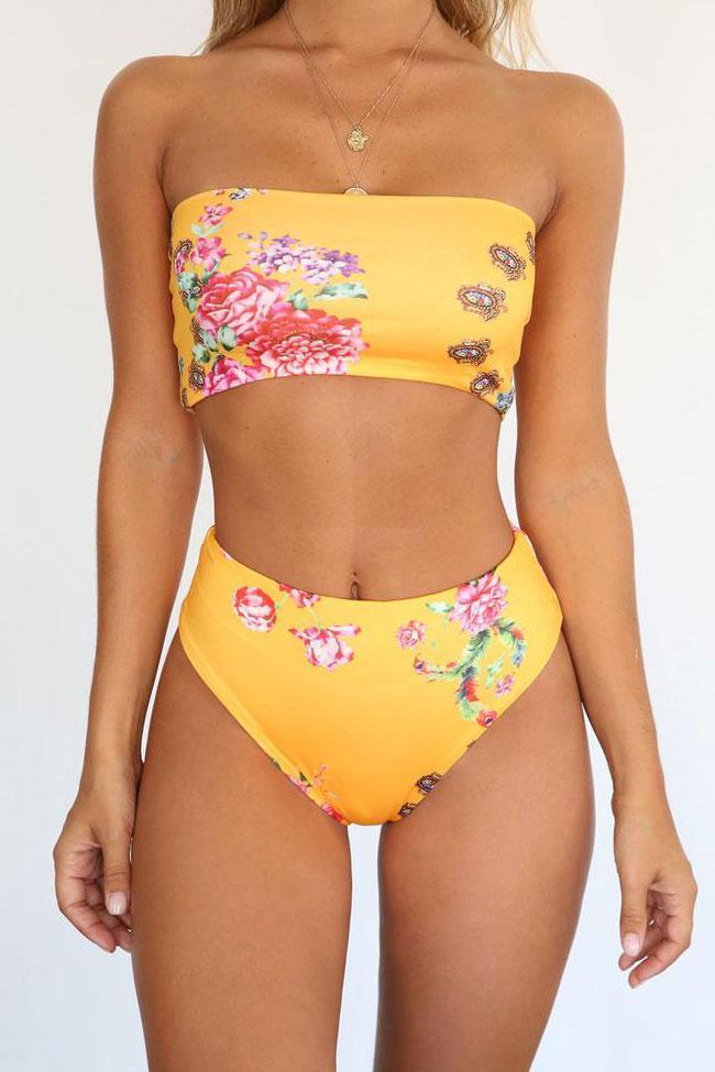 New Floral Printed Bandeau Bikini Swimsuit in Yellow.MO
